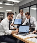 A group of people working at computers in an office, sitting in a row. The space appears modern with white walls, sleek furniture, and bright lighting. Some individuals have headphones on, indicating a focused or collaborative environment.