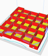A 3D print build plate filled with potting box designs, previewing the 3D printer tool head paths