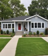 A large, modern house with white walls and red accents, featuring a balcony and several large windows. Palm trees and well-kept landscaping enhance the property, which has a driveway leading to a garage. The sky is clear and the sun casts shadows on the grass lawn.