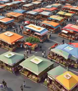 A brightly lit building at night with a sign reading 'TRADER$' and accompanying phrases like 'buy sell lend' and 'we pay cash'. The structure has a red and white facade and is adorned with several windows. A neon 'open' sign is visible in one of the windows.