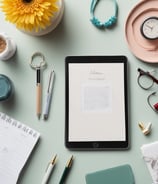 A smartphone displaying a Shopify webpage with the text 'Start your business' rests on a white surface. Next to it lies a closed notebook with geometric shapes on its cover and a sharpened pencil. A small succulent plant is visible in the top left corner.