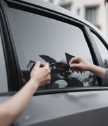 The image captures the interior of a car through a partially open window, reflecting a street scene outside. Various colorful stickers are displayed on the window. The background includes a building with green tones and outdoor seating arrangements, visible through the window's reflection.