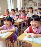 Two children are seated on the floor facing each other in a spacious room with large windows. Both are wearing traditional caps and are engaged in reading or recitation, supported by small wooden lecterns. The room has a reflective tiled floor, a ceiling fan, and a bookcase in the background.