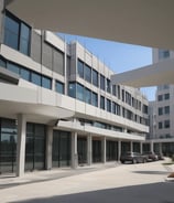 An aerial view of a construction site with scaffolding and machinery surrounded by a residential and commercial area. Buildings with varied architectural styles and rooftops spread across the landscape, set against a backdrop of distant snow-capped mountains. A prominent green construction crane stands amidst the site indicating ongoing development.