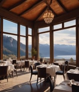  Fine dining restaurant with white table clothes looking out over the mountain scenery.