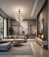 A cozy and modern interior space featuring two light blue armchairs adorned with patterned cushions. A stylish pendant lamp hangs from the ceiling, and a unique branch-like wall decor adds an artistic touch. A large painting depicting a vibrant outdoor scene is mounted on the wooden-paneled wall. A sleek floor lamp with a tripod base stands beside the chairs.