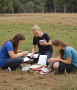 A group of young people gathered together outdoors in front of a building, holding a blue flag with the Earth on it and the words 'PHS Global Ecology.' The group appears cheerful and diverse, standing closely together.