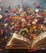 Flowers emerging from book pages.