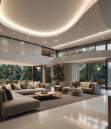 Intricate interior architecture with sculptural columns and railings, illuminated by a warm, ambient light that creates a play of shadows. The design features angular and organic shapes with a combination of smooth and textured surfaces.
