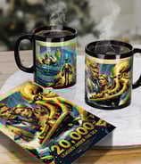 Two illustrated mugs and a blue-and-gold poster inspired by 20,000 Leagues Under the Sea, original