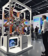 A man in formal attire stands in a modern, technology-themed space. He is wearing augmented reality glasses and is surrounded by displays and panels showcasing innovative concepts. The ceiling displays an array of digital patterns with numeric and symbolic designs.