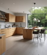 A modern kitchen interior with a marble countertop and a high chair positioned at the island. Above the counter is a sink with a sleek, metallic faucet. The background features open shelving with decorative items including a potted fern and vases. The space is lit naturally, highlighting the textured surfaces and clean lines.
