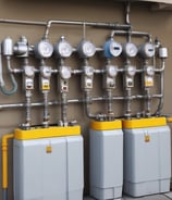 A large, industrial facility with multiple cylindrical metal tanks equipped with various pipes and valves. Control panels with lit indicators are mounted on the walls. A person in a reflective vest walks alongside a row of yellow safety railings.