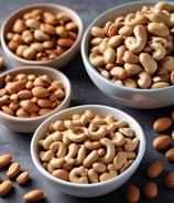 Three small bowls are arranged on a textured metal surface, each containing different types of nuts and dried fruits. The leftmost bowl, which is turquoise, holds small round tiger nuts. The middle bowl, orange in color, contains cashew nuts, and is positioned slightly lower than the other two. On the right, a brown bowl is filled with a few dates. Scattered around the bowls are additional nuts and dates that add to the rustic composition.