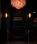 black paneled door with gold ‘Business Formation’ signage, framed by red velvet rope stanchions and 