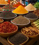 Colorful spices like turmeric, black pepper, and star anise in rustic bowls on a trade display.