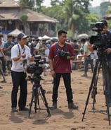 A group of people on a film set, with one individual operating a camera. They are dressed in casual clothing and appear focused. There are vehicles and equipment in the background, adding an industrial feel to the scene.