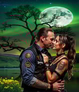 Illusions, Graphic design concept ny MadKiwi Designs a man and woman kissing in front of a full moon