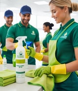 a cleaning team of women and men together on countertop with their cleaning supply 