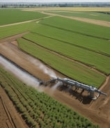 A vast agricultural field with evenly spaced rows of brown soil separated by white plastic sheeting. A lone person, possibly a farmer, is walking between the rows, wearing a red head covering and blue clothing. The field stretches extensively across the image, capturing the geometric pattern of the cultivation process.