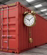 Shipping container with clock showing timely delivery.