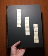 a person holding a book with music notes on it