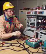A black and white image featuring two electrical boxes mounted on a wall. The boxes have warning signs with the lightning bolt symbol, indicating high voltage, and text in Polish cautioning not to touch. Graffiti and minor scratches are visible on the surfaces. The environment appears industrial and slightly weathered.