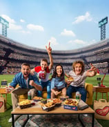 a group of people sitting on a couch in a stadium