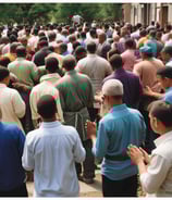 A group of people, predominantly men, are engaged in a moment of prayer or reflection. One individual wears a camouflage uniform with a white belt, raising both hands, conveying a sense of devotion. Others are dressed in yellow jackets and traditional hats. Their expressions range from focused to emotional, with hands clasped or raised. The setting has a rustic backdrop with wooden and corrugated metal elements.