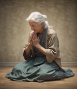 A group of people are standing together under a white canopy adorned with string lights. One person is positioned in the center with closed eyes and clasped hands, possibly in a moment of reflection or prayer. A lush garden and a house are visible in the background.