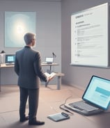 A man wearing a suit sits at a desk, concentrating on the documents in front of him. The desk has a microphone, a telephone, and some papers. The background includes a wall with several sheets of paper posted on it and a door.