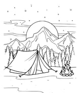 Kleurplaat van een landschap met een tent