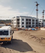 construction site. In the forefront, there's a blue temporary office or trailer. A crane towers in the background, indicating ongoing construction activities.