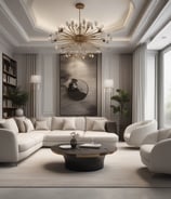 A modern interior space featuring a mix of minimalist and contemporary design elements. A round table with a marble top holds a teacup and bowl, accompanied by a dark chair. A wooden floor extends throughout the room. A tall shelf unit holds various decorative items, books, and personal mementoes. A desk with a chair is situated by a large window with sheer curtains, allowing natural light to flood the space. Pendant lights hang from the ceiling, and a geometric wall decoration adds interest.