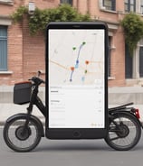 A green e-scooter is parked near a small white delivery robot with 'Starship' branding on it. The scooter and robot are on a sidewalk next to an orange utility box and a street. Behind them is a parked black car and trees lining the street.