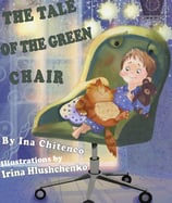 Book cover with a boy holding a teddy bear, sitting on a green chair with a red cat.