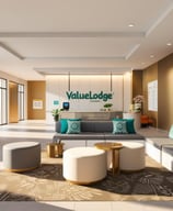 a hotel lobby area with a couch and a table