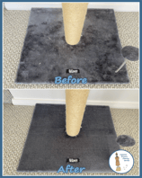 Before and after cleaning of a grey cat scratching post base, showing removed pet hair and dirt.