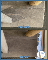 "Before and after cleaning of a beige cat scratching post base, with pet hair and grime removed.