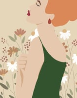 a woman with red hair and a green dress