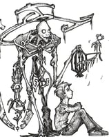 Pen crosshatch fantasy illustration of a young boy and a guardian skeletal demon