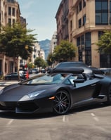 A luxury car interior featuring a sleek design with a focus on the steering wheel. The dashboard includes modern digital displays and metallic accents, enhancing the overall elegance and sophistication. The ambient lighting and polished surfaces reflect a high level of craftsmanship.