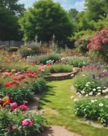 A rooftop garden features wooden trellises adorned with various plants and climbing vines. In the background, a satellite dish is mounted next to a chimney. The scene is bathed in soft, natural light, giving it a warm and serene appearance.