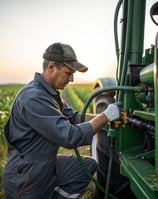 Hydraulic hose repair on a farm tractor in agricultural field