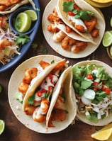 A close-up view of a taco filled with ingredients like lettuce, corn, shredded cheese, pickled onions, and a drizzle of white sauce on top. The taco shell is partially visible, with additional tacos blurred in the background.