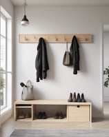 A neatly organized shelf displays a variety of wooden and woven kitchen and home decor items. The arrangement includes baskets, bowls, utensils, and decorative bags, surrounded by natural elements like leafy plants. The ambiance gives off a rustic and earthy feel.