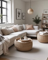 A well-organized store interior with neatly arranged products. Various home goods and decorations are displayed, including kitchenware, artificial flowers, and textiles. Shelves are filled with neatly stacked items, and the store is brightly lit with natural and artificial light.
