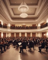 A modern music room with various drums and musical instruments set on a stage. The space features colorful, round seating stools scattered across a wooden floor, and circular acoustic panels hanging from the ceiling. Natural light filters through large windows in the background.