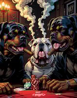 Pets Poker party. Three dogs sitting around a table playing poker and smoking cigars.