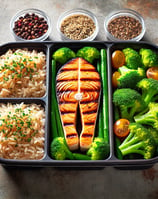 Salmon & Brown Rice Meal Prep: perfectly cooked salmon, brown rice, and steamed broccoli for a delic